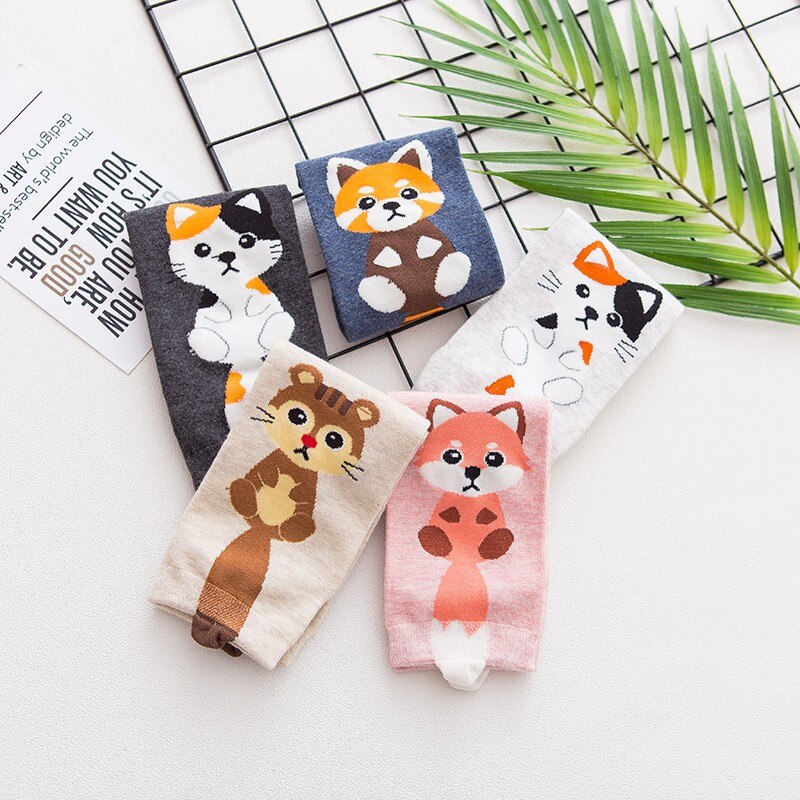 5 Pairs/Set Funny Cat Print Design Women Cotton Short Socks Crazy Cartoon Socks Women Cozy Novelty Casual Ankle Socks