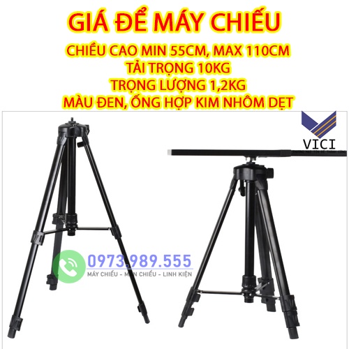 Giá để máy chiếu 3 chân hợp kim nhôm màu đen sang trọng. Tripod có mực nước thăng bằng và tay quay nâng hạ hiện đại.