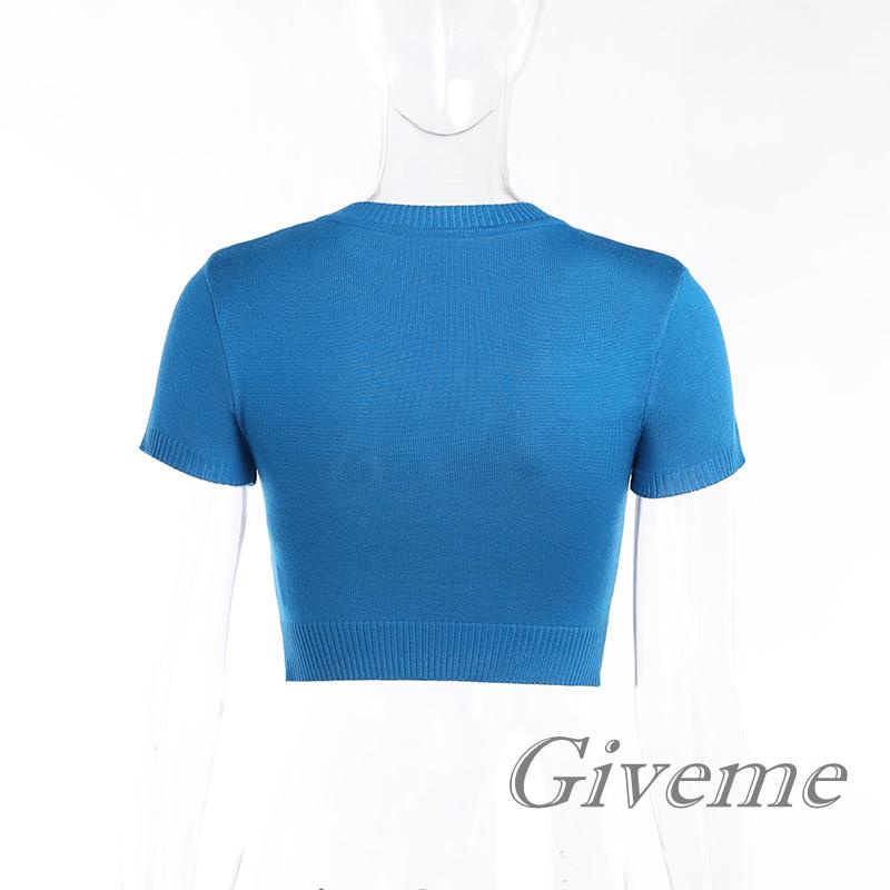 GIVEME-Women T-Shirt, Letter Flower Patterns Crew Neck Short Sleeve Knitted Crop Tops Summer Outfit, S/M/L