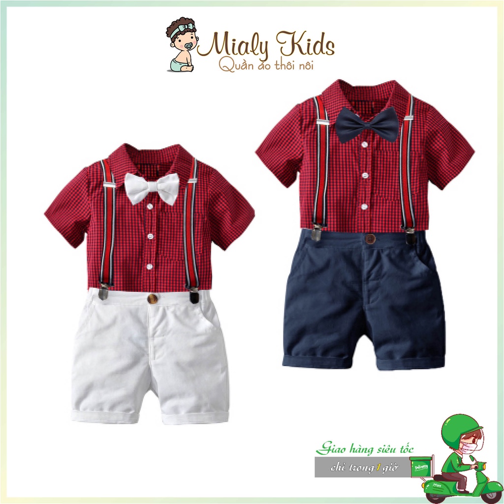 Set yếm sơ mi đỏ Mialy Kids cho bé trai chụp ảnh, mặc thôi nôi (11-23Kg) - Họa tiết caro đỏ đen cool ngầu