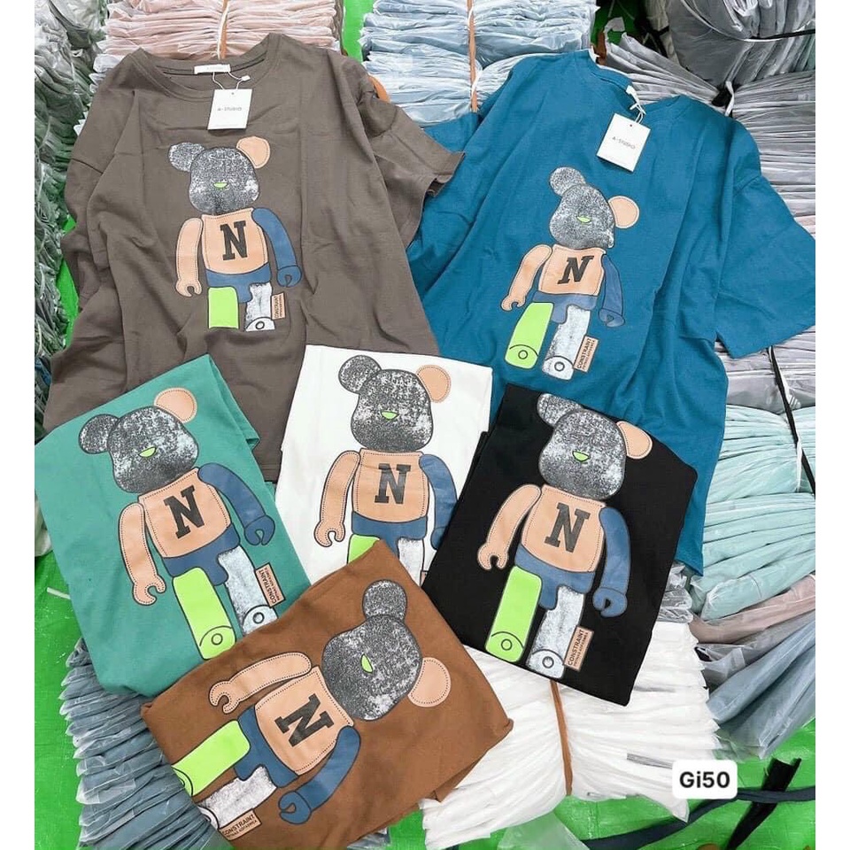 Áo thun form rộng nữ FM Style tay lỡ oversize hoạ tiết gấu bear freesize phong cách Hàn Quốc Ulzzang 211019100