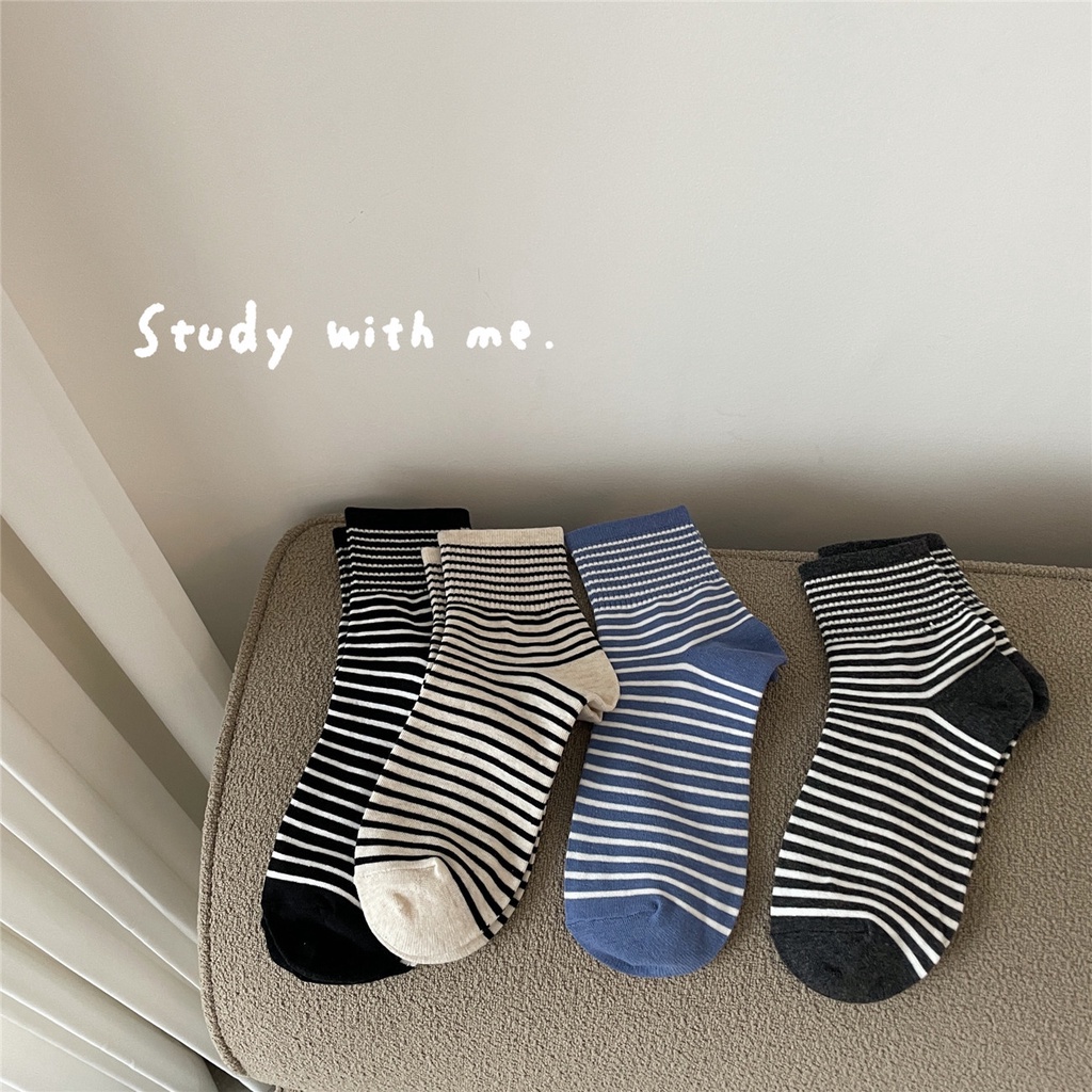 Vớ WAFNHA D664 bằng cotton họa tiết kẻ sọc phong cách Hàn Quốc