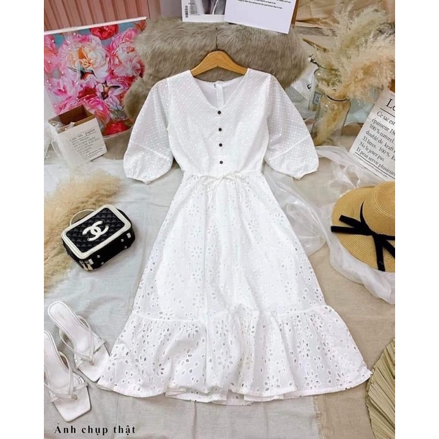 Đầm maxi xô hoa trắng