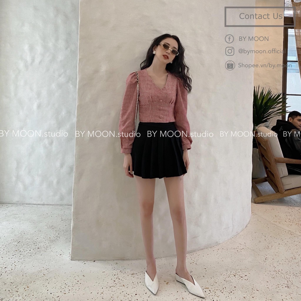 Áo croptop dạ tay bồng cúp ngực cúc bọc thời trang thiết kế ảnh thật BY MOON AK004 | BigBuy360 - bigbuy360.vn