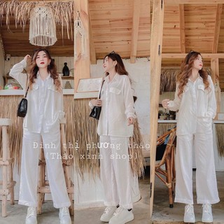 [FREESHIP] Sét đi biển sét sơ mi suông trắng nữđi chơi đi tiệc đám cưới, du lịch sang chảnh cao cấp PVC