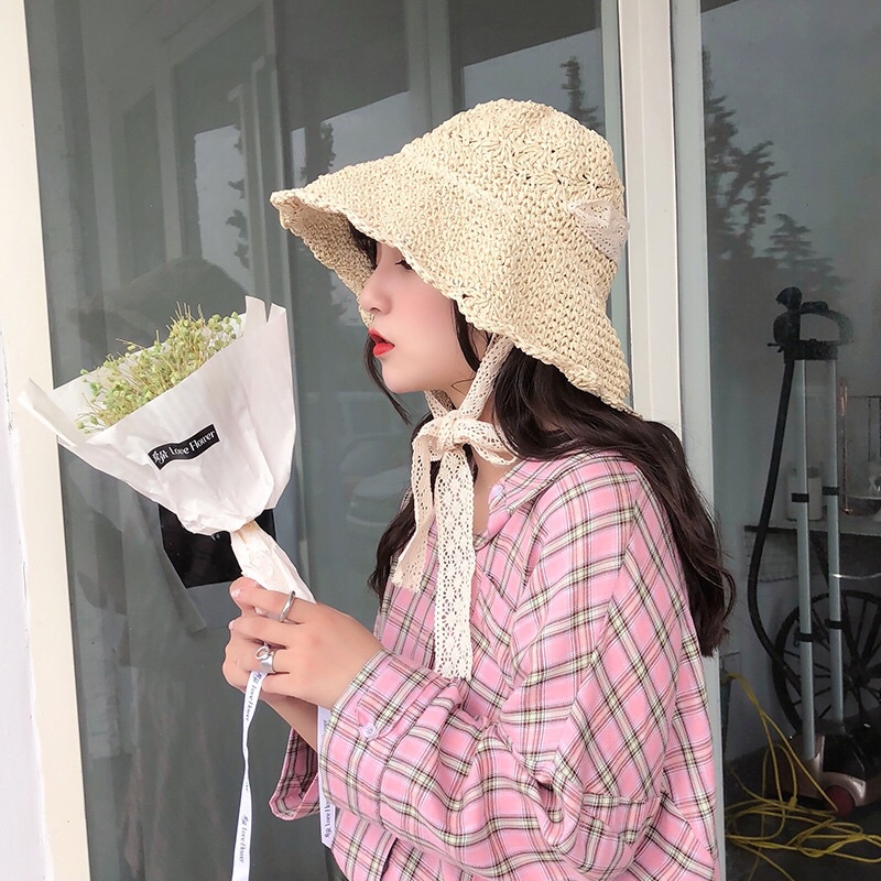 Mũ cói đi biển vành rộng cho mẹ và bé có dây buộc McL02