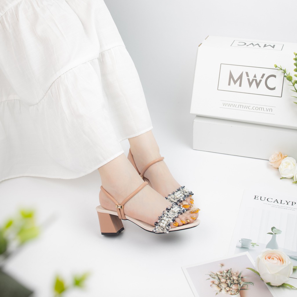 Giày Sandal Cao Gót MWC Đế Vuông 5CM Quai Ngang Phối Ren NUCG-3917