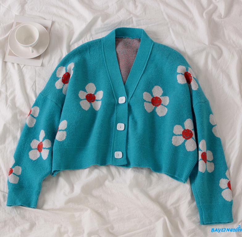 Áo khoác len cardigan tay dài cổ chữ V họa tiết hoa cho nữ