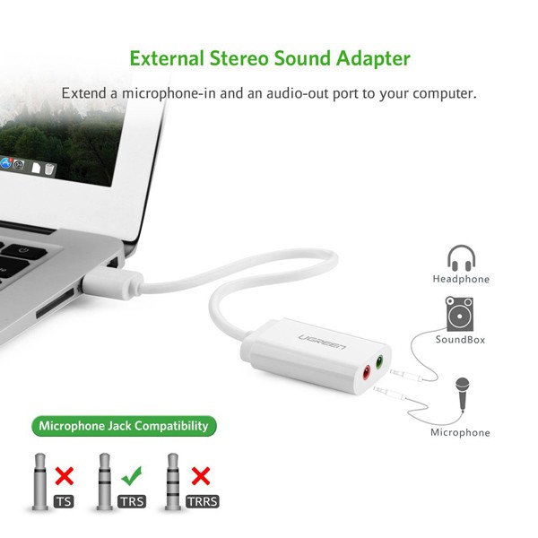 [Mã ELFLASH5 giảm 20K đơn 50K] Cáp chuyển USB ra Sound UGREEN 30143 (jack 3.5mm Headphone và Microphone)