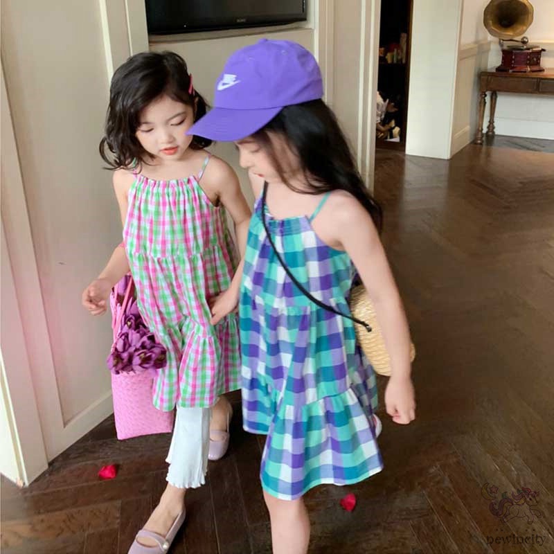Đầm Sát Nách Đi Biển Mùa Hè In Họa Tiết Kẻ Sọc Phong Cách Hàn Quốc Cho Bé Gái