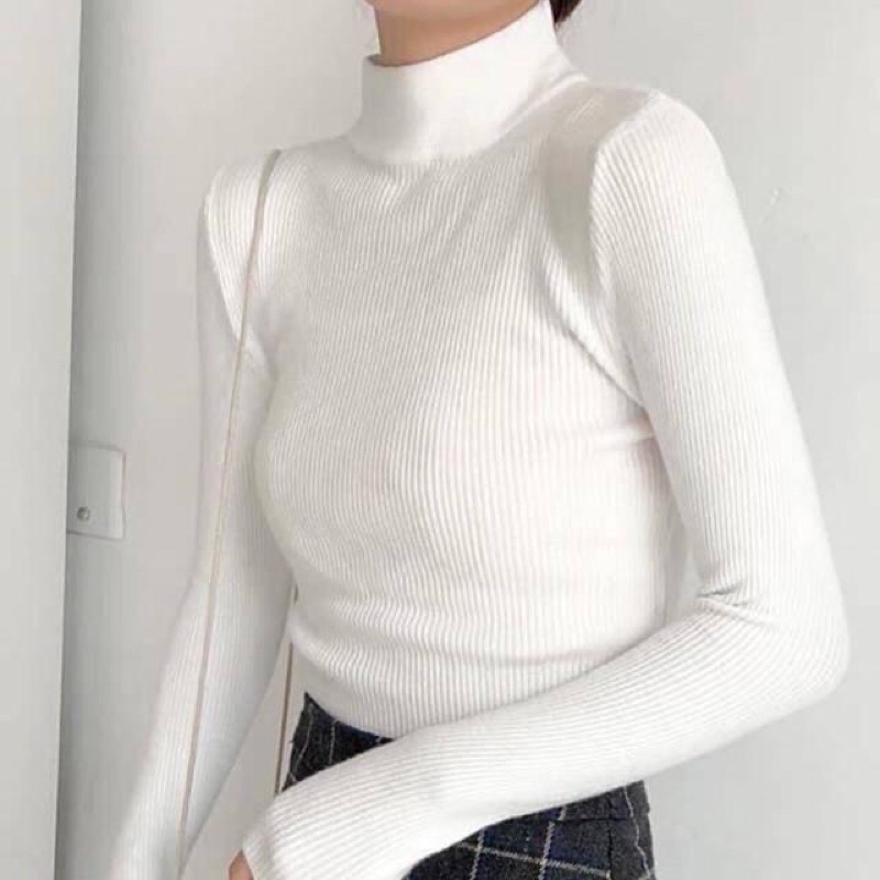 Áo len tăm nhung giữ nhiệt cổ cao 5cm màu trắng 5 phân