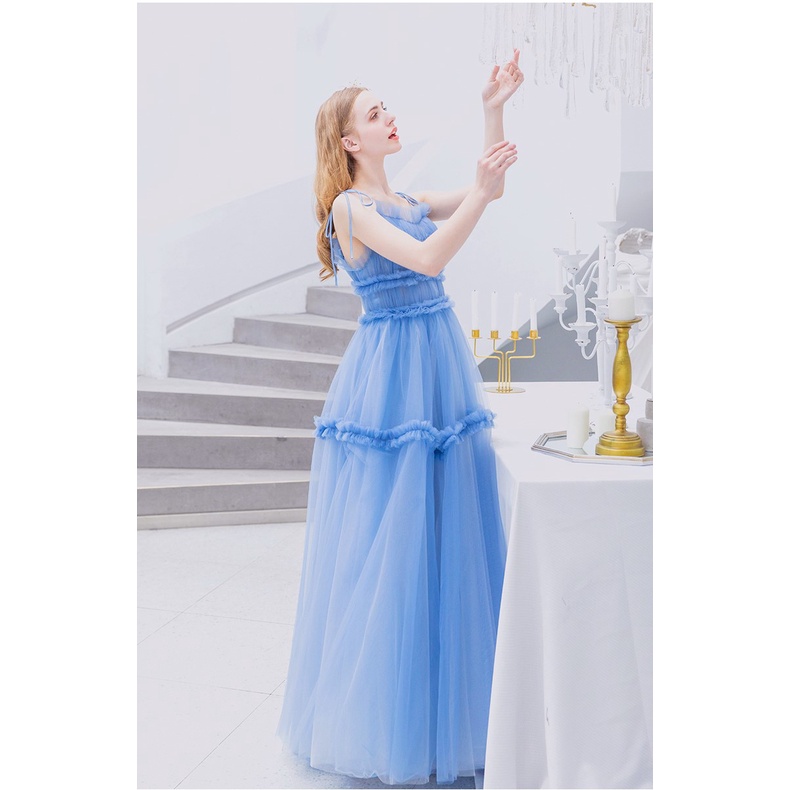 Đầm dạ hội hai dây cao cấp voan lưới viền tầng xòe màu xanh H139 Hỉn Hỉn Store