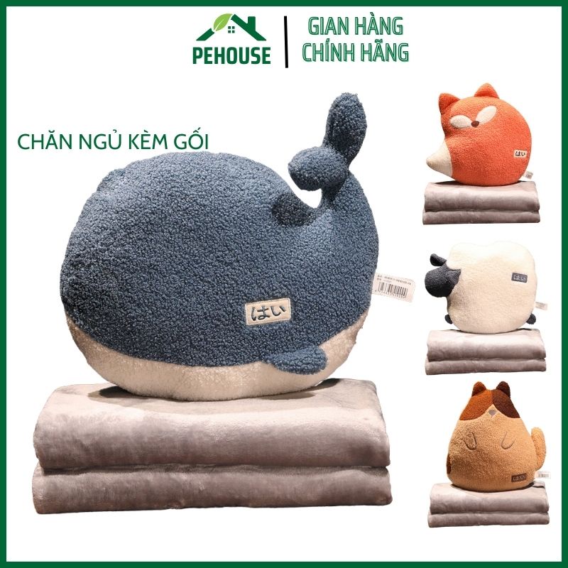 Chăn gối ngủ văn phòng hình thú đáng yêu , Bộ chăn gối gấp gọn 2 trong 1 mang đi làm đi du lịch pehouse68