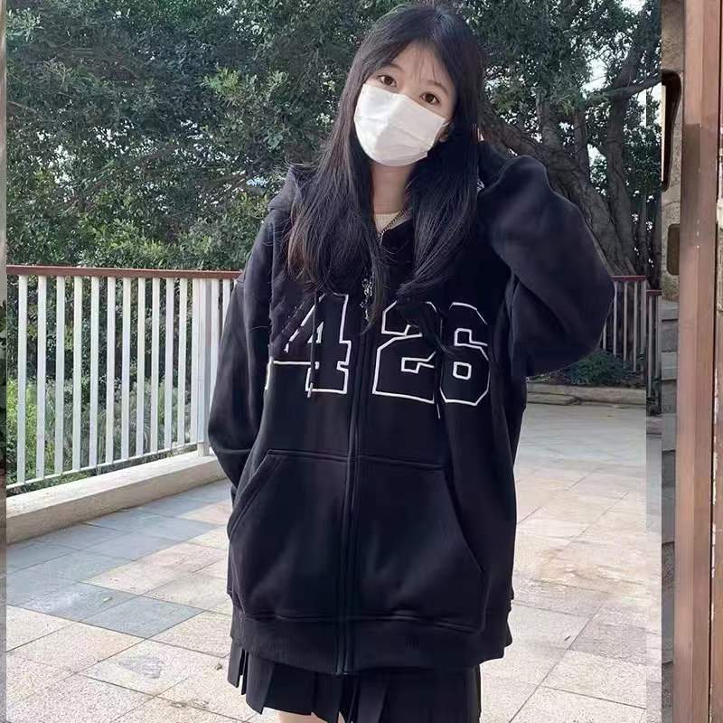 Áo Khoác Có Mũ Trùm Dáng Rộng Khóa Kéo Thời Trang Xuân Thu Mới