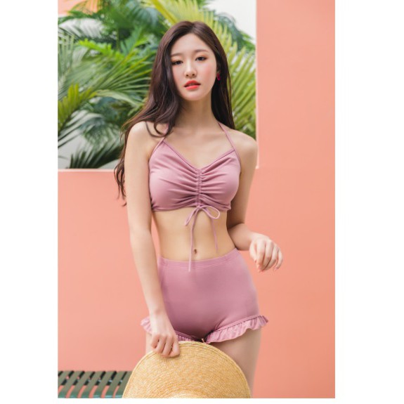 Set bikini màu hồng đỗ 3 món kèm áo mặc ngoài mỏng nữ tính ( MẪU MỚI 2021)