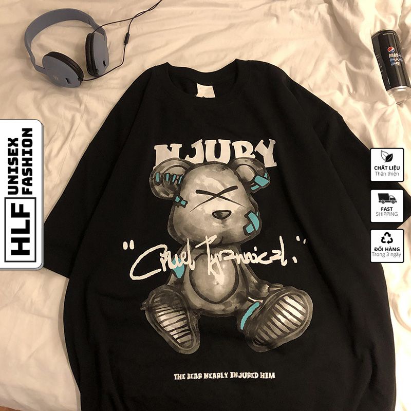 Áo phông nam HLFashion tay lỡ unisex form rộng Gấu NJURY thun oversize nam nữ ulzzang