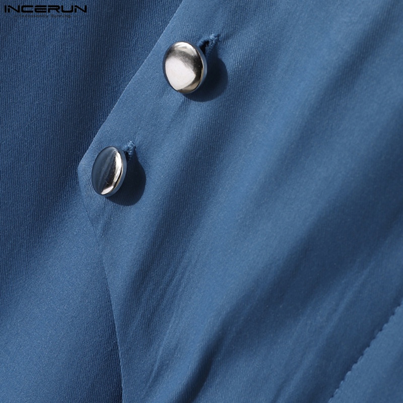 INCERUN Áo Sơ Mi Tay Ngắn Màu Trơn Phối Nút Thiết Kế Độc Đáo Thời Trang Cho Nam