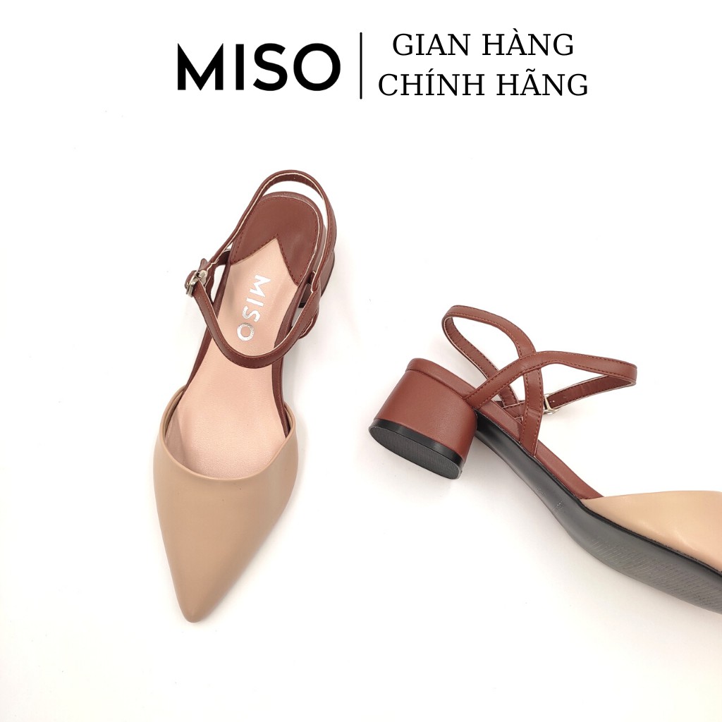 Giày sandal slingback nữ kiểu dáng basic phối màu độc đáo bít mũi hở hậu gót vuông cao 4cm mũi nhọn Miso M045