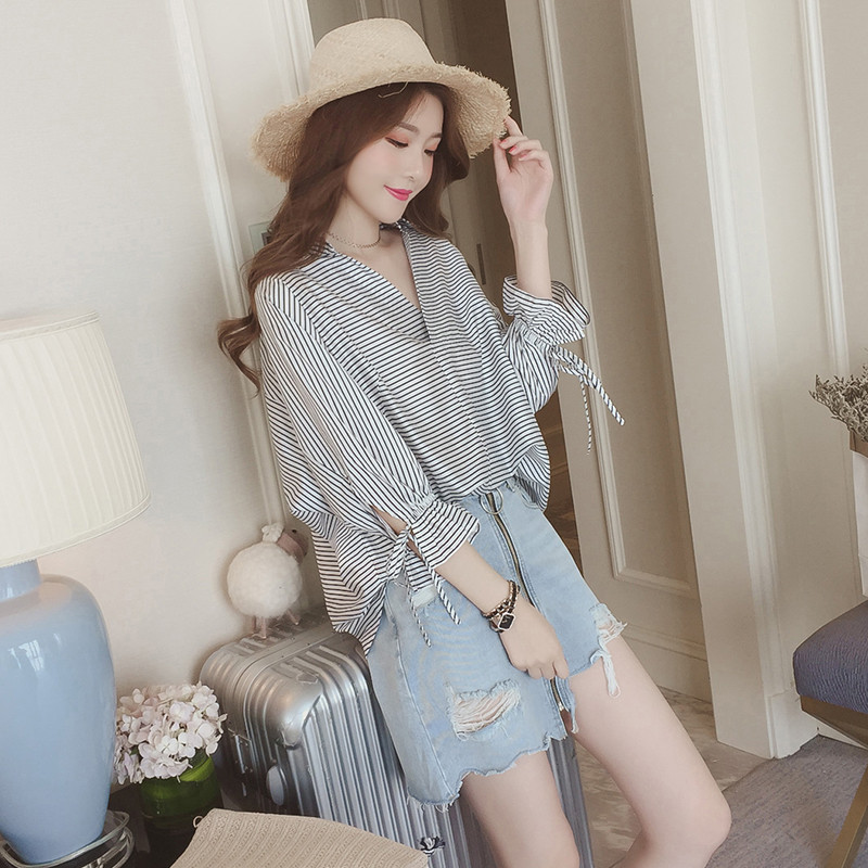 Áo sơ mi tay lỡ 3/ 4 kẻ sọc thời trang hè xinh xắn cho nữ