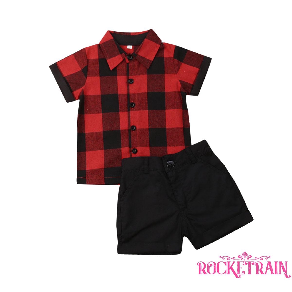 AydღToddler Baby Boy Christmas Outfit Gentleman Turn-Down Collar Plaid T-Shirt Tops+Pants Shorts Clothes Set