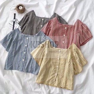 Áo sơ mi nữ cổ vuông tay ngắn họa tiết kẻ caro trẻ trung Hàn Quốc mùa hè 2019