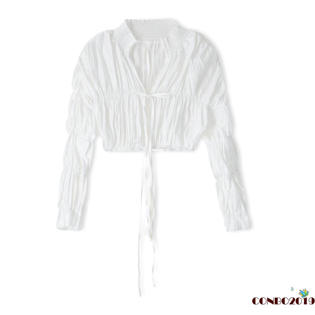 Hgm-áo Cardigan Tay Phồng Dài Phồng Màu Trơn Có Nếp Gấp Cho Nữ (Trắng)