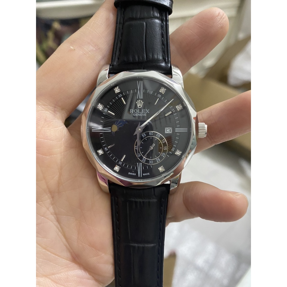 Đồng hồ Nam Rolex 6kim trăng sao size 40-41 vỏ trắng dây da mặt đen vỏ trám cạnh