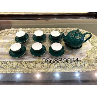 Bộ ấm trà xanh cổ vịt vẽ vàng