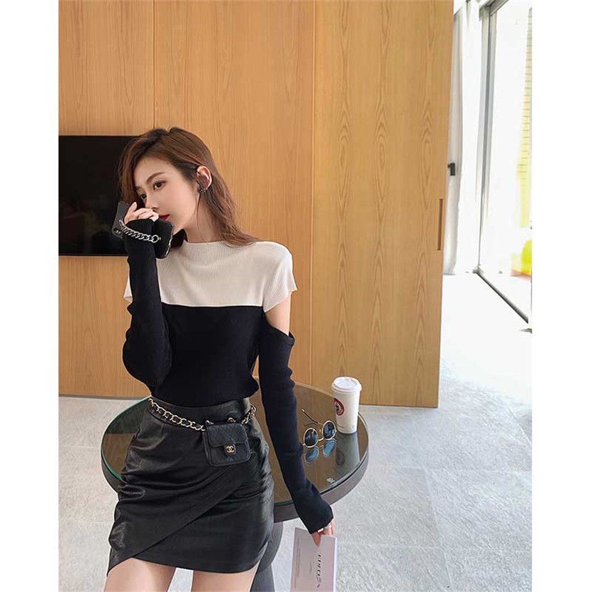 Hàng Có Sẵn Áo Sweater Dáng Ôm Hở Vai Phối Màu Trắng Đen Thời Trang Xuân Thu Phong Cách Hàn Quốc Dành Cho Bạn Nữ