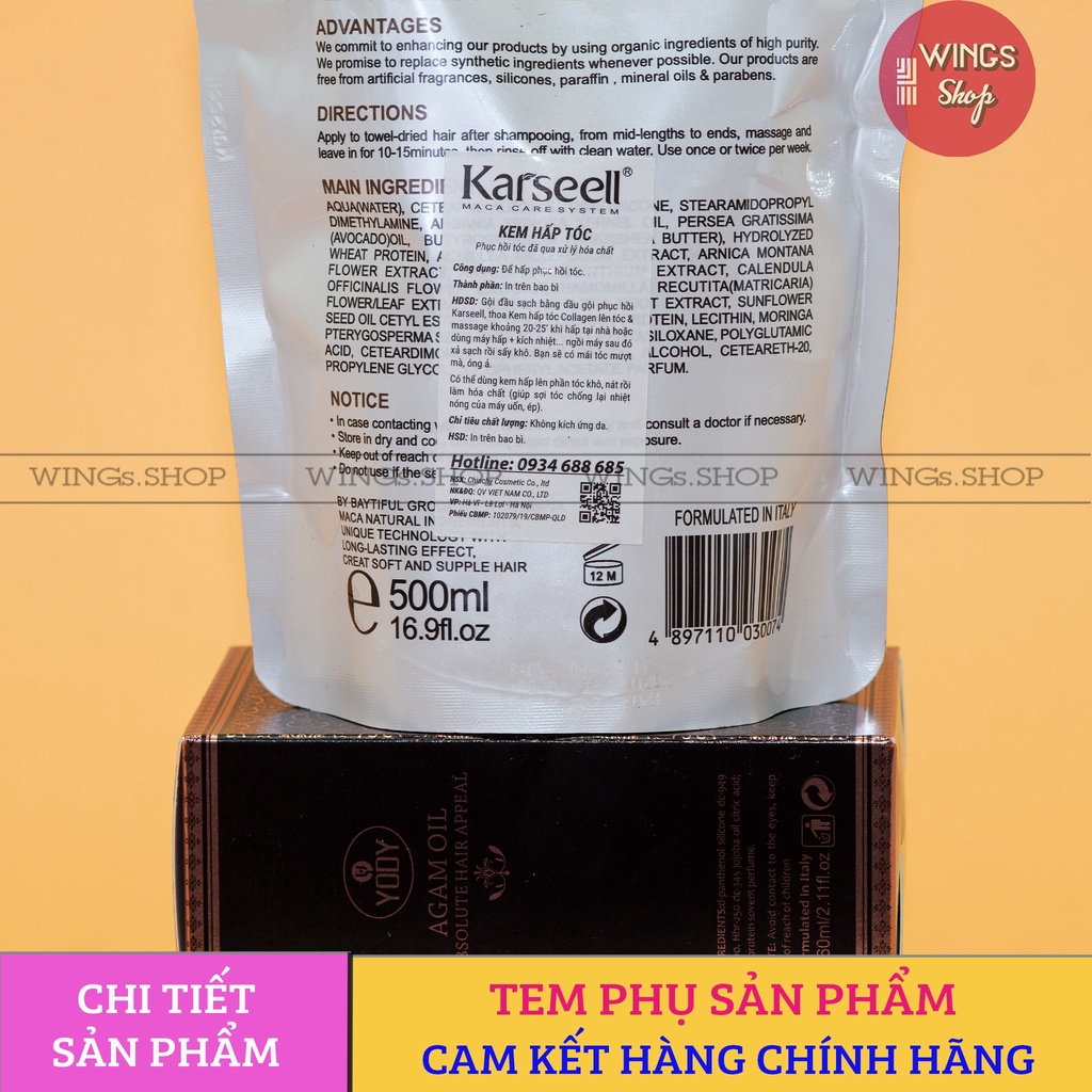 Kem Hấp Ủ Xả Phục Hồi Tóc Collagen Karseell Maca 500ML | Phục Hồi Tóc, Giúp Tóc Siêu Mềm Mượt