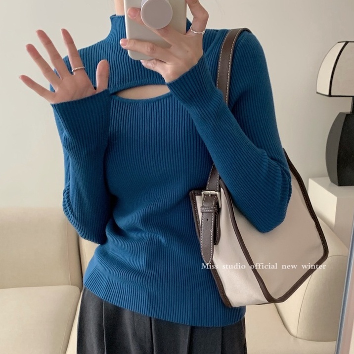 Áo dệt kim ZHELIHANGFEI tay dài cổ cao thiết kế bất đối xứng thời trang quyến rũ