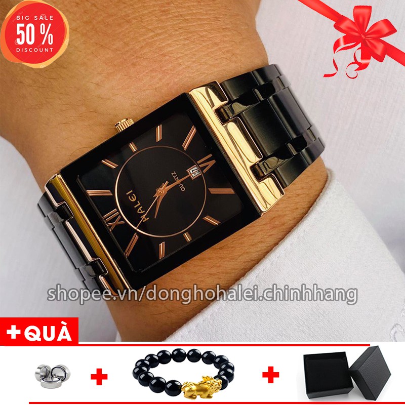 Đồng hồ nam HALEI - Mặt Vuông Đen Viền Vàng Lịch Lãm Thời Trang CrisSHop | BigBuy360 - bigbuy360.vn