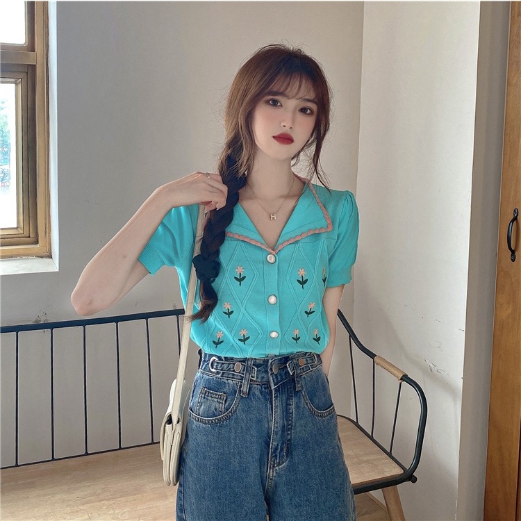 Áo thun polo ZHELIHANGFEI dệt kim tay ngắn thêu hoa phối ren dễ thương thời trang