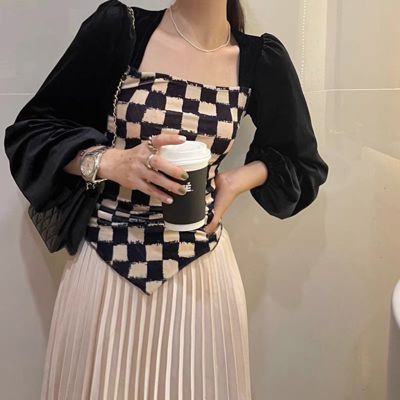 [HÀNG SẴN] Áo cổ vuông tay phồng vải nhung hoạ tiết caro bàn cờ vạt nhọn sang chảnh | BigBuy360 - bigbuy360.vn