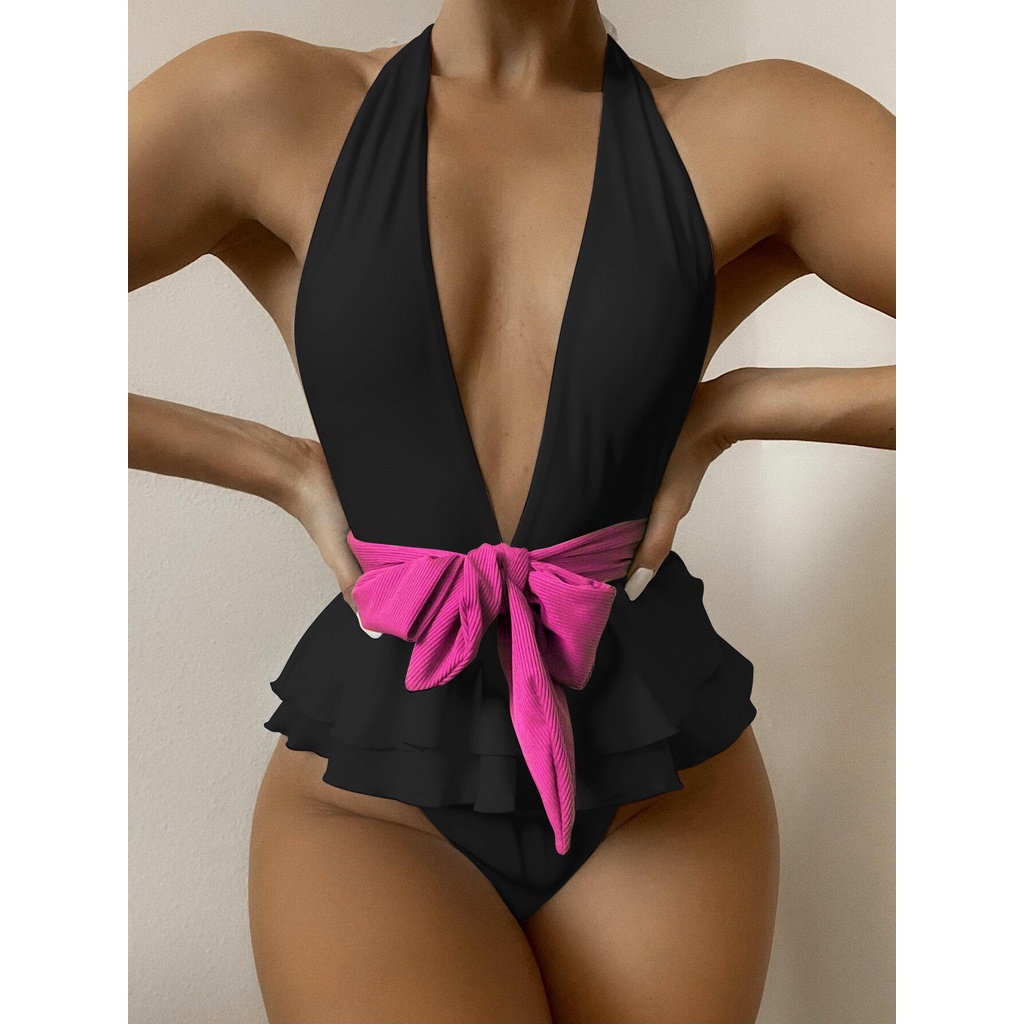 [BKN1231] &lt;ÂU&gt; BODYSUIT TRẮNG BÈO HÔNG NƠ EO XANH VẢI GÂN
