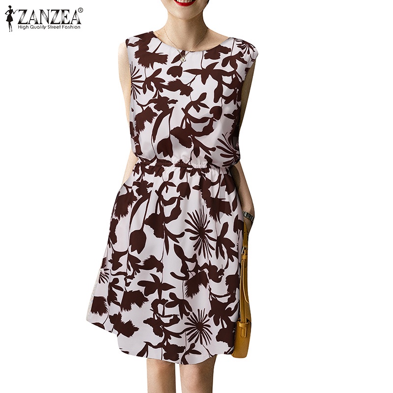 Đầm dài Zanzea không tay in họa tiết vintage thời trang cho nữ