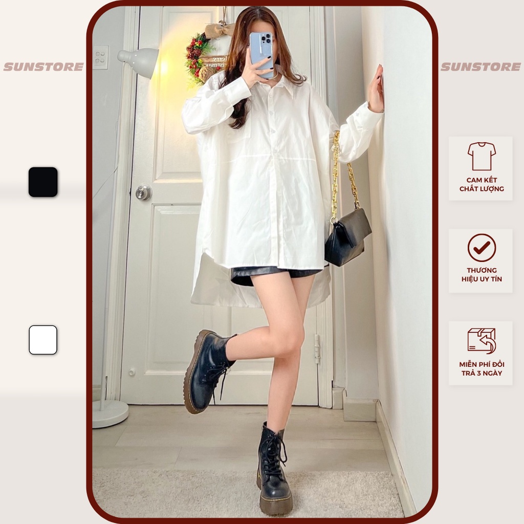 Áo sơ mi nữ tay dài form rộng có túi 2 màu đen và trắng
