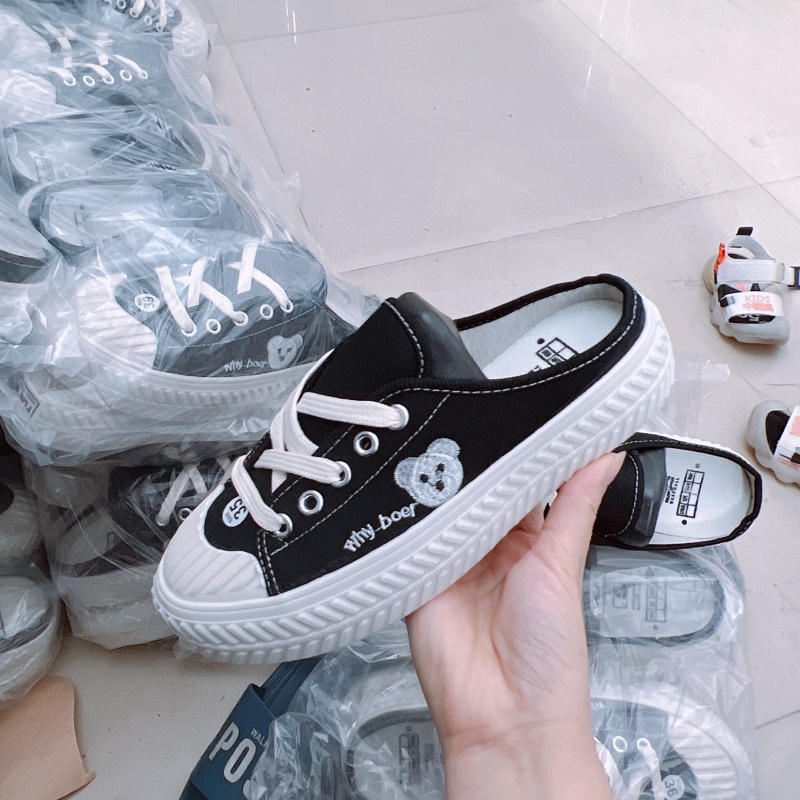 Giày Sục Thể Thao Nữ CHIBAMY Thêu chữ N , Sục bata đạp gót đế bánh mì 3cm