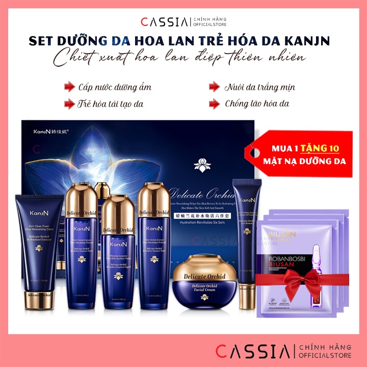Bộ dưỡng da chăm sóc da mặt combo skincare hoa lan dưỡng ẩm trắng da, Bộ mỹ phẩm nội địa Trung chống lão hóa 6 món KANJN