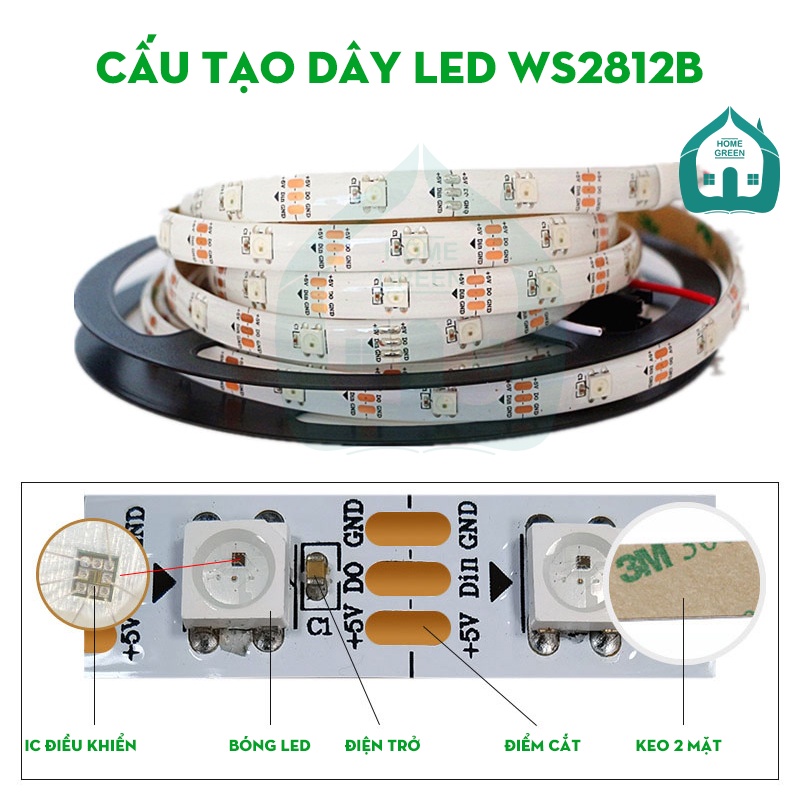 Dây đèn led đuổi ARGB WS2812B/2811 hiệu ứng sóng nhạc cuộn 5m 30, 60 led/m - cuộn 5m