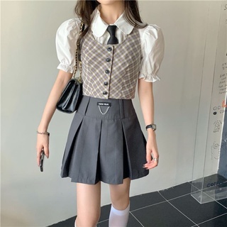 [Có Ảnh Thật - Order Hàng Loại 1] (B) Set đồng phục nữ sinh Hàn Quốc Váy xếp ly Sơ mi cà vạt Gile kẻ sọc màu trắng xám.