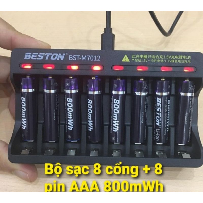 Pin sạc Beston AAA 1.5V 800mWh và bộ sạc BST-M7012 có 8 khe