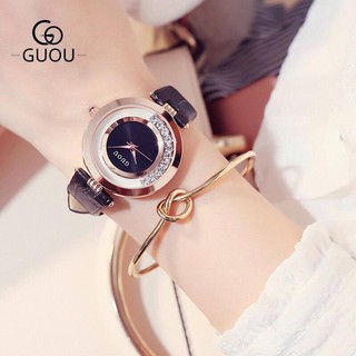 Đồng hồ nữ guou dây da đá xoay gd03- đen