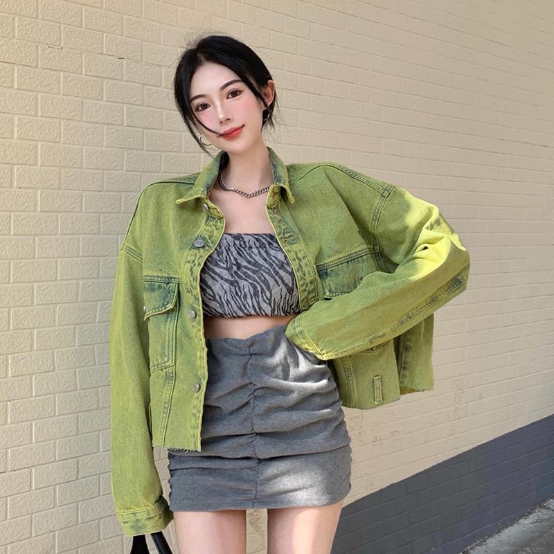 Áo Khoác Denim Tay Dài Dáng Rộng Màu Xanh Lá Phong Cách Hồng Kông Cổ Điển Thiết Kế Độc Đáo Thời Trang Mới Cho Nữ