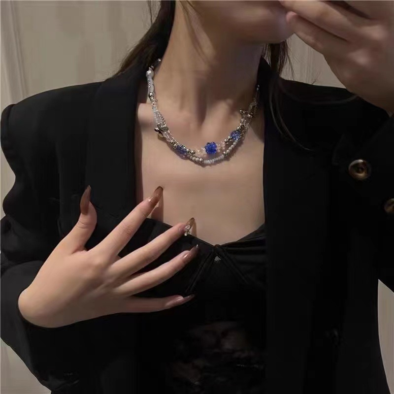 Dây Chuyền Hai Lớp Đính Hạt Pha Lê Xanh Dương Và Cánh Bướm Thời Trang Cho Nam Nữ 19A1586