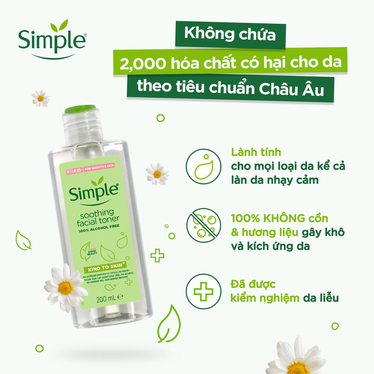 Combo Simple Tẩy trang 200ml + Sữa rửa mặt 150ml + Nước hoa hồng 200ml cho da sạch khỏe đàn hồi - White Store