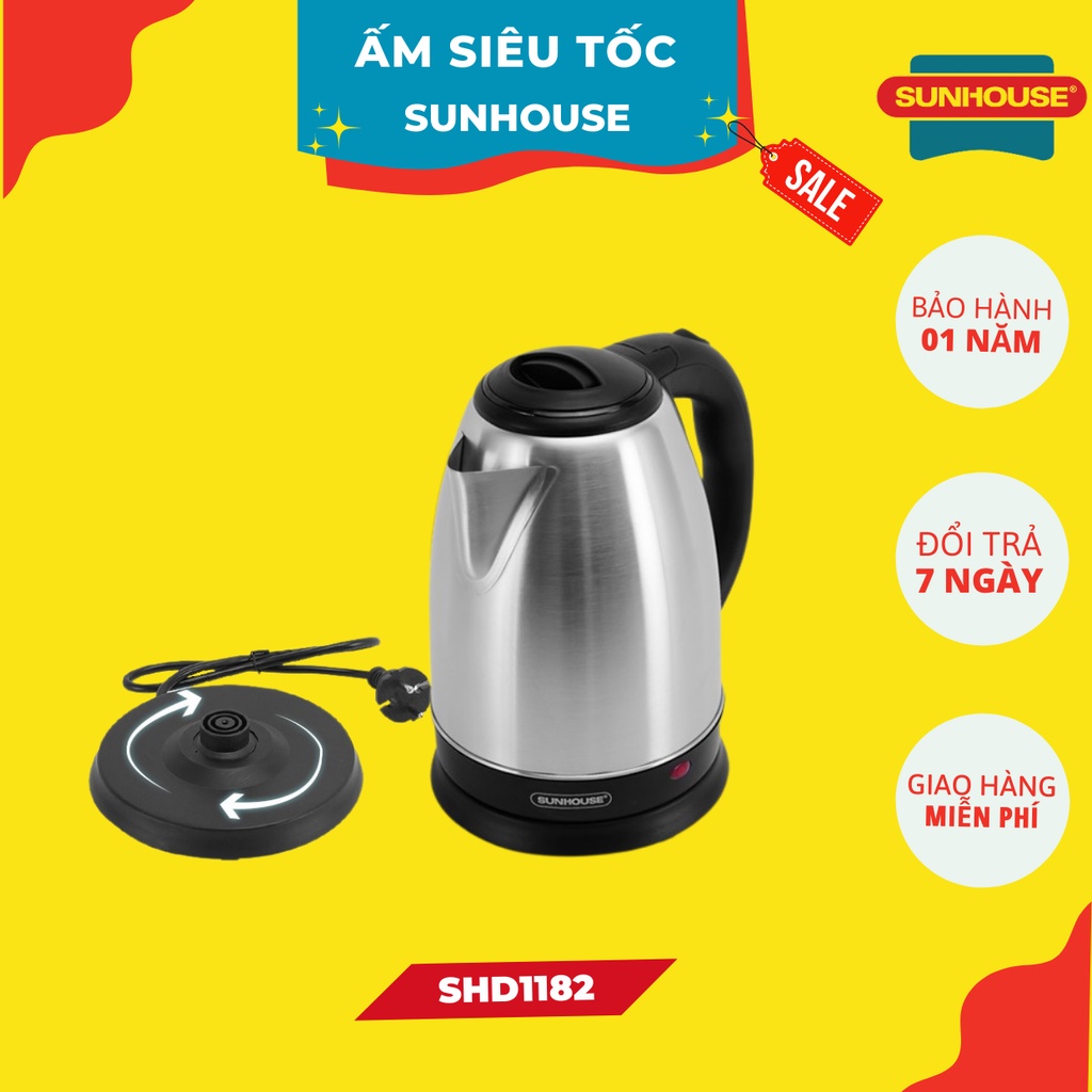 Ấm siêu tốc INOX 1.8 L SUNHOUSE SHD1182, Đun sôi từ 4-6 phút, Tự động ngắt khi sôi, Bảo hành 12 tháng