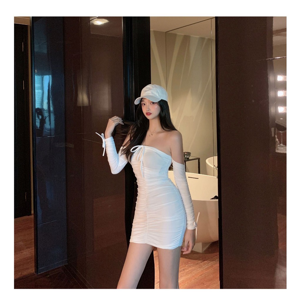 váy ngắn tay dài trễ vai bó hông phong cách sexy 2021