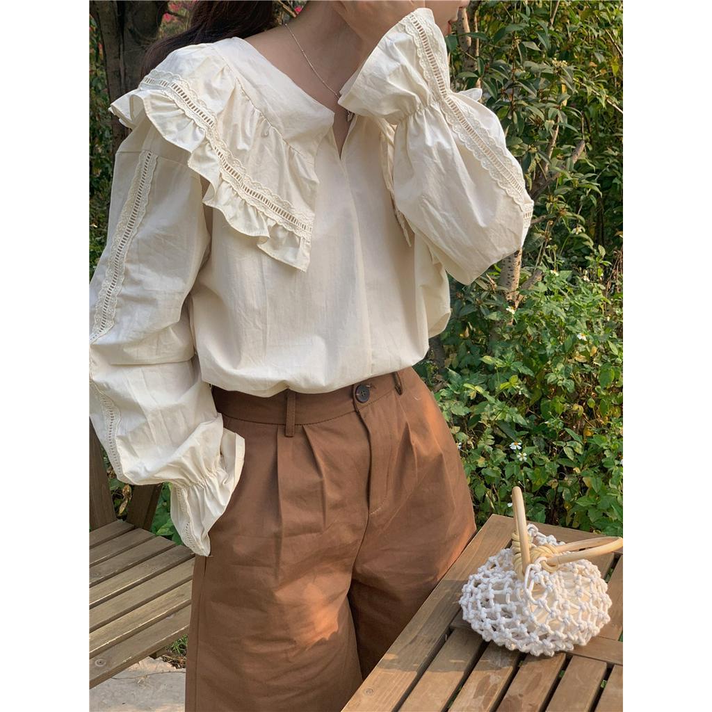 Áo Sơ Mi Trắng Dài Tay Cỡ Lớn Phối Bèo Nhún Ngọt Ngào 61918