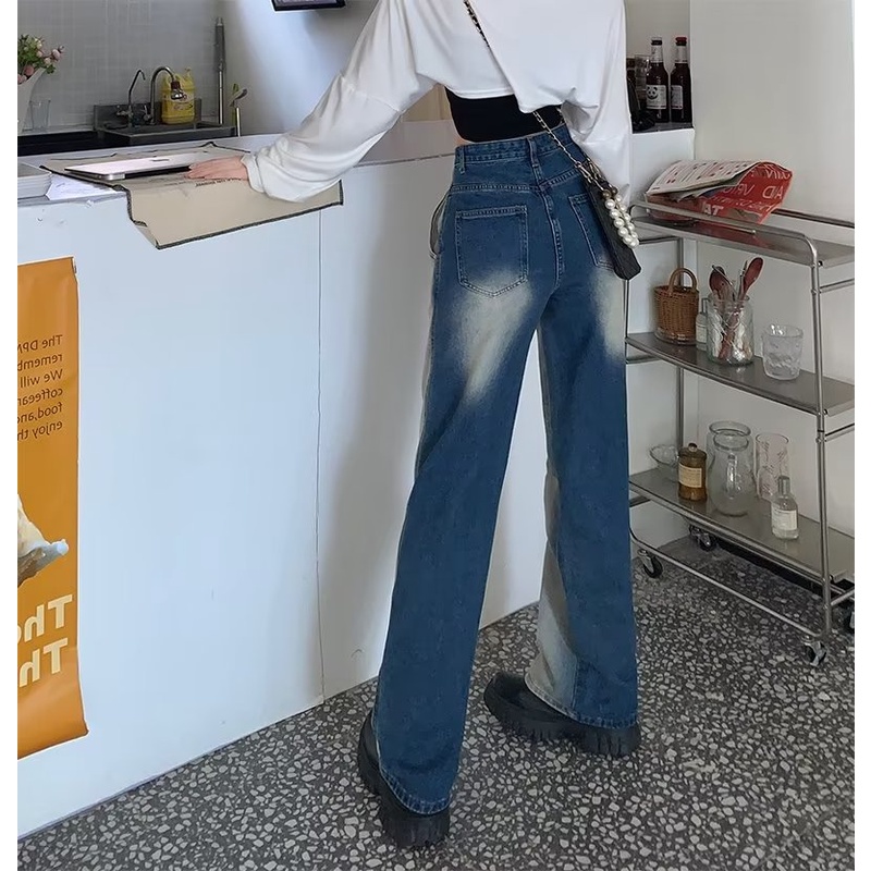 【ZHELIHANGFEI】Quần Jean Ống Rộng Lưng Cao Màu Gradient Theo Phong Cách Retro Dễ Phối Đồ